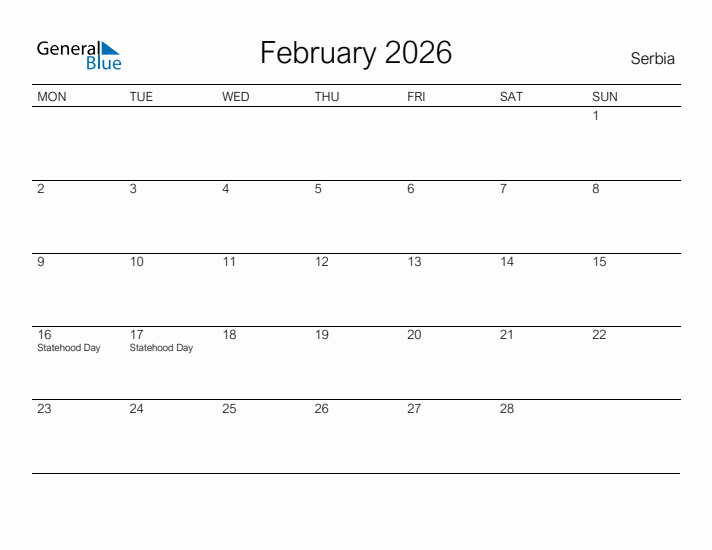 Printable February 2026 Calendar for Serbia
