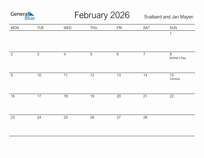 Printable February 2026 Calendar for Svalbard and Jan Mayen