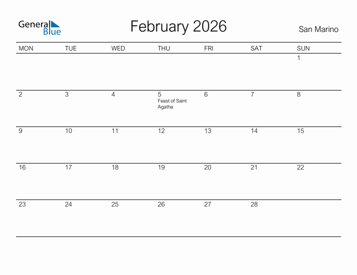 Printable February 2026 Calendar for San Marino