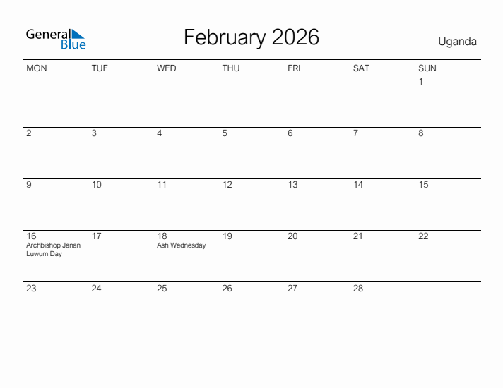 Printable February 2026 Calendar for Uganda