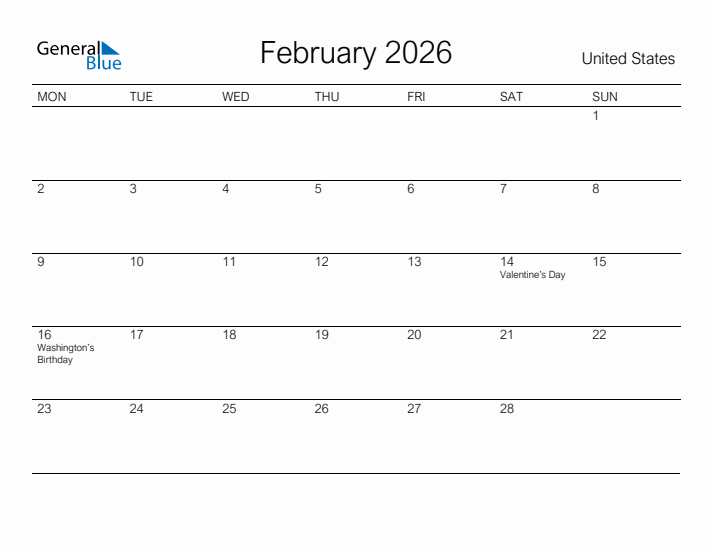 Printable February 2026 Calendar for United States