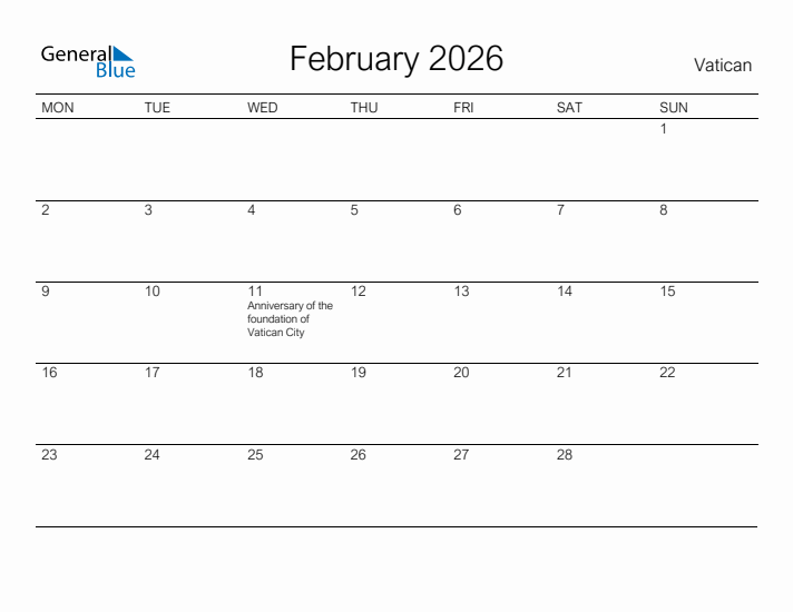 Printable February 2026 Calendar for Vatican