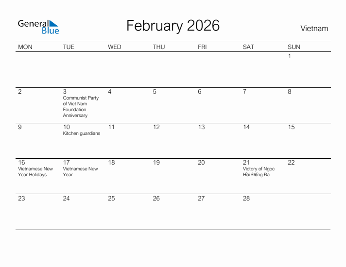 Printable February 2026 Calendar for Vietnam