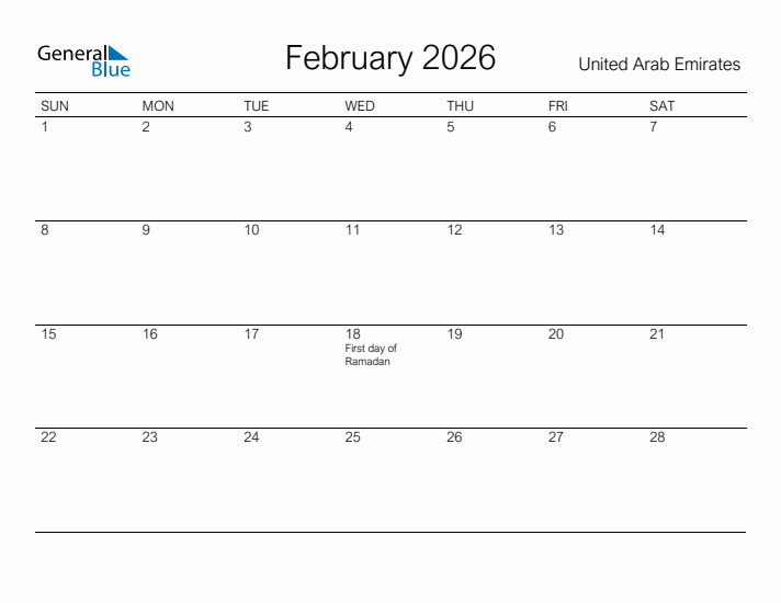 Printable February 2026 Calendar for United Arab Emirates