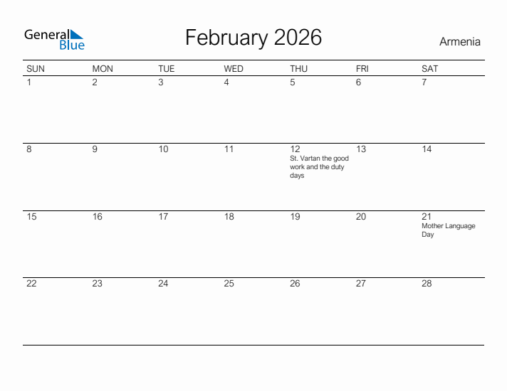 Printable February 2026 Calendar for Armenia