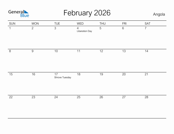 Printable February 2026 Calendar for Angola