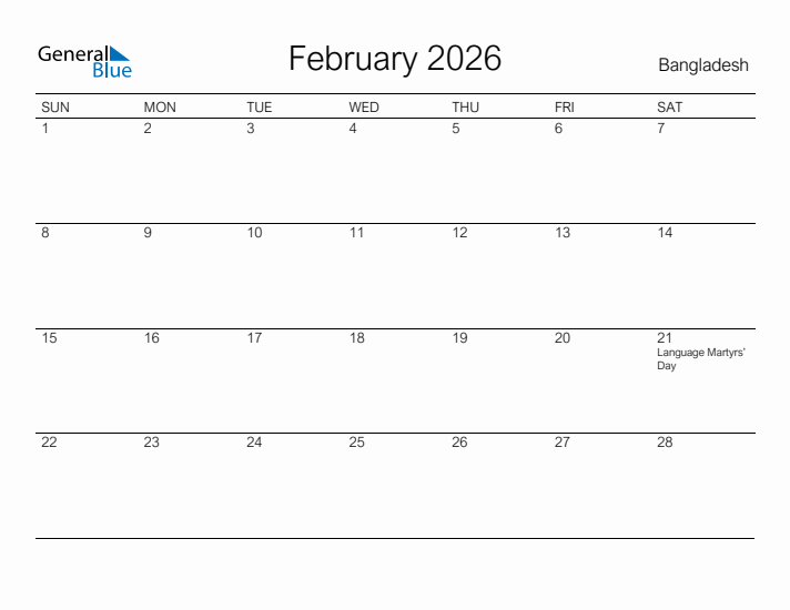 Printable February 2026 Calendar for Bangladesh