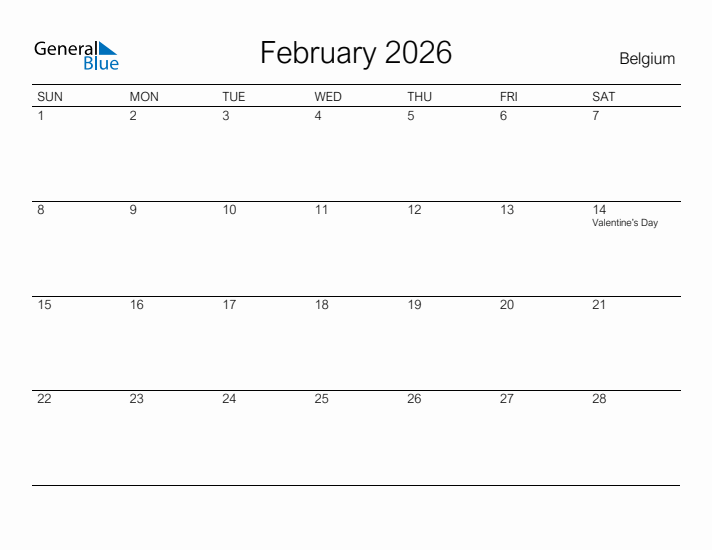 Printable February 2026 Calendar for Belgium