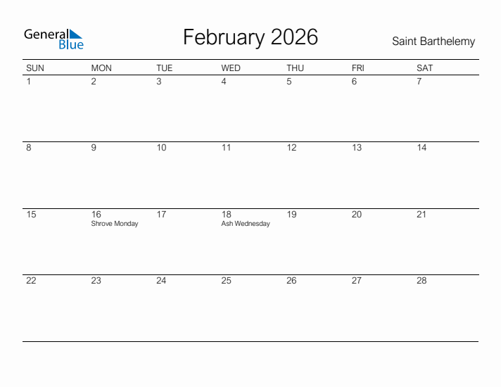 Printable February 2026 Calendar for Saint Barthelemy