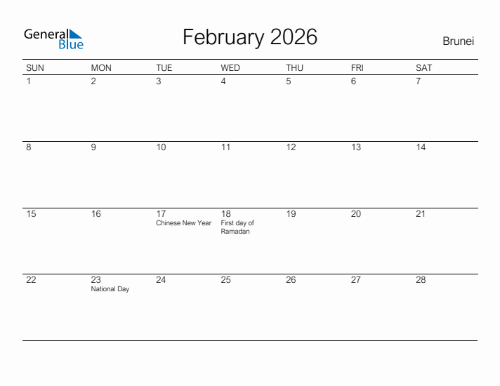 Printable February 2026 Calendar for Brunei