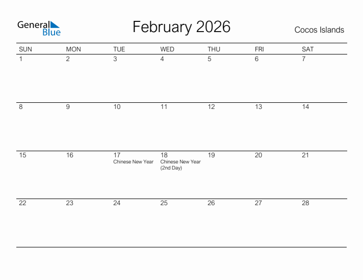 Printable February 2026 Calendar for Cocos Islands