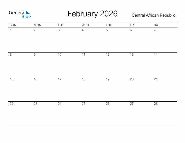 Printable February 2026 Calendar for Central African Republic
