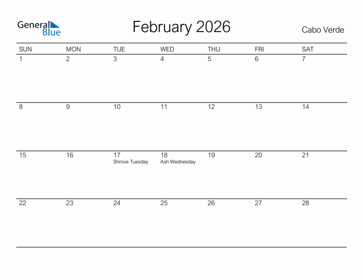 Printable February 2026 Calendar for Cabo Verde
