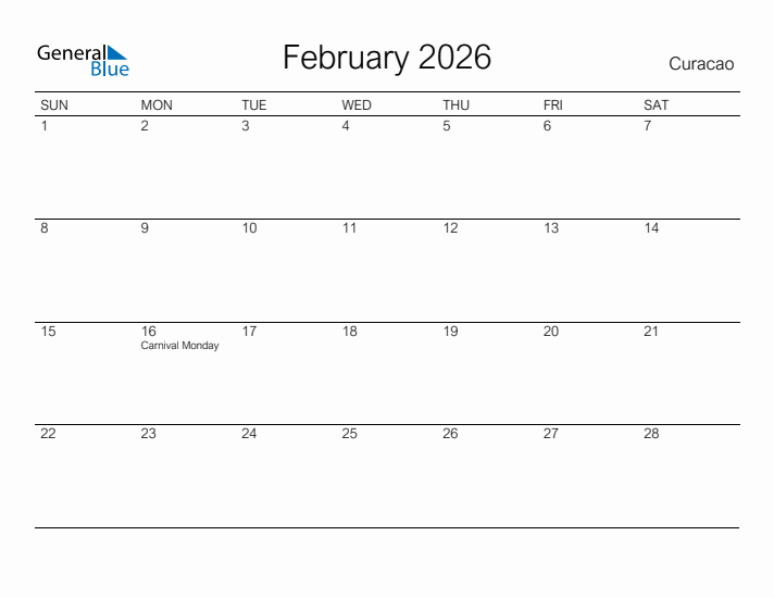 Printable February 2026 Calendar for Curacao