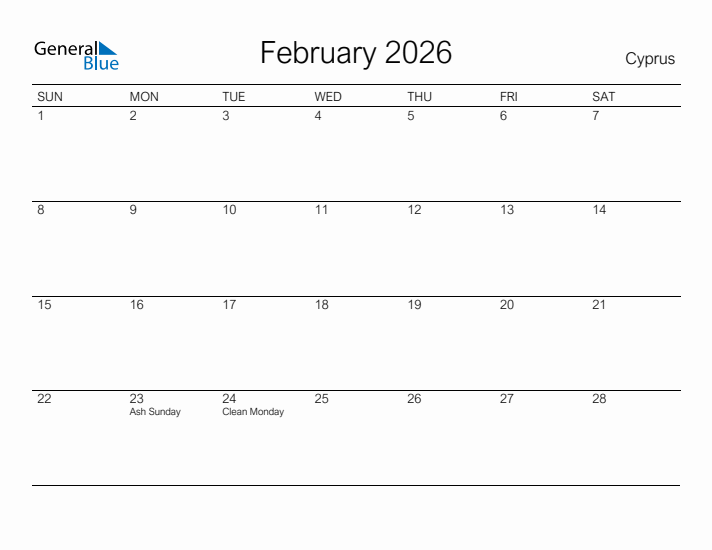 Printable February 2026 Calendar for Cyprus