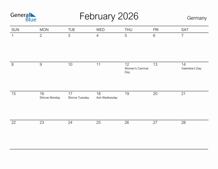 Printable February 2026 Calendar for Germany