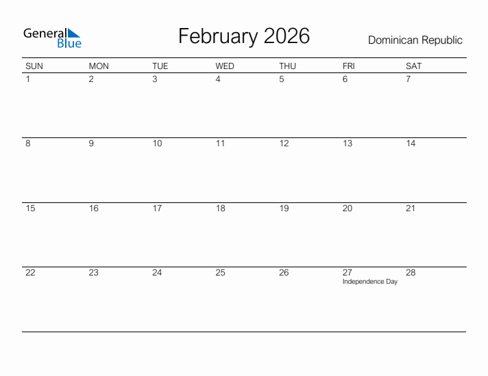 Printable February 2026 Calendar for Dominican Republic
