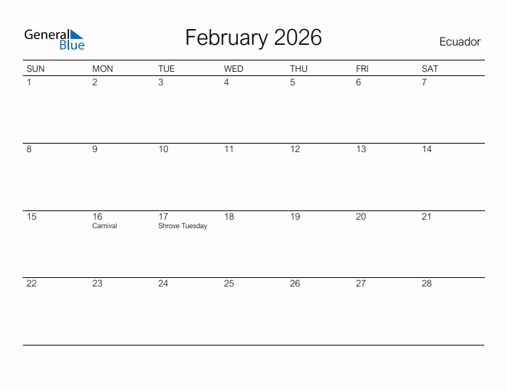 Printable February 2026 Calendar for Ecuador