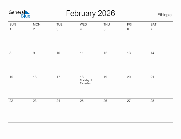 Printable February 2026 Calendar for Ethiopia