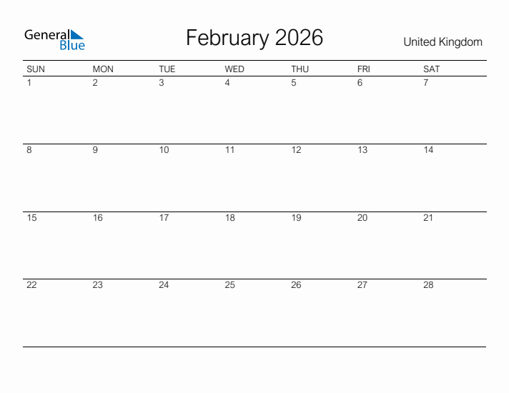 Printable February 2026 Calendar for United Kingdom