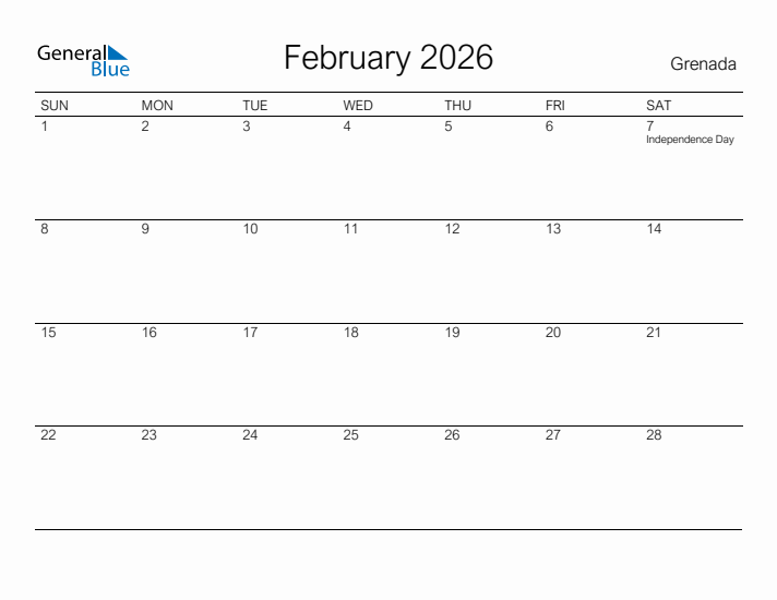 Printable February 2026 Calendar for Grenada