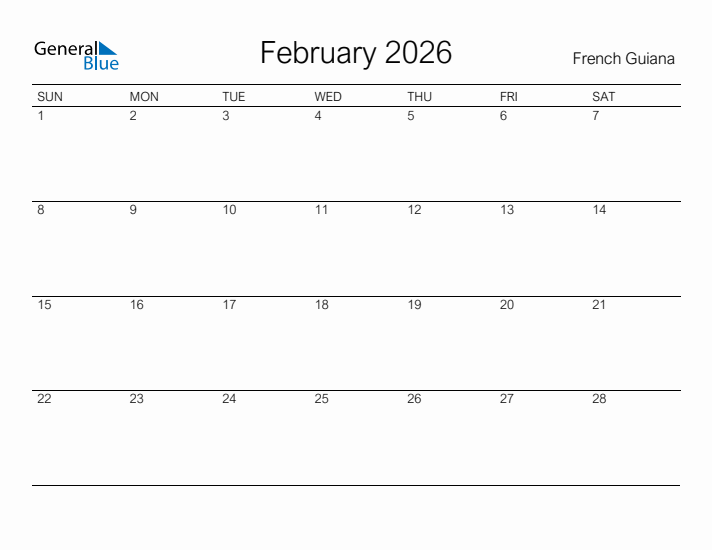 Printable February 2026 Calendar for French Guiana