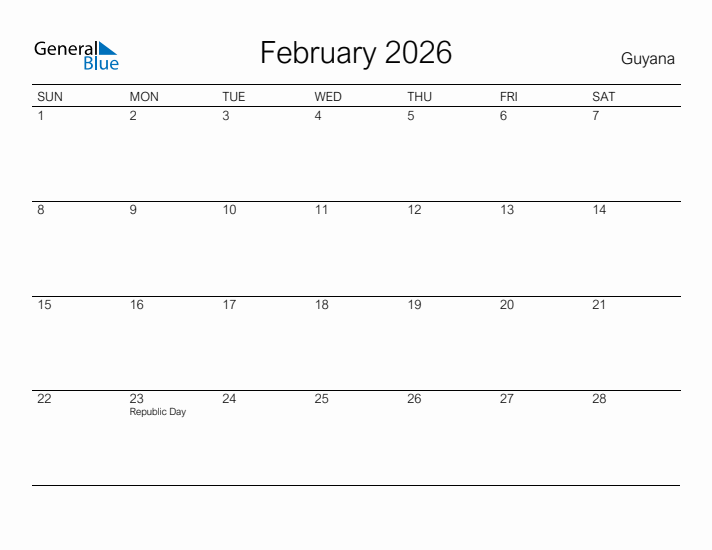Printable February 2026 Calendar for Guyana