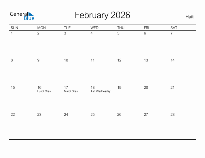 Printable February 2026 Calendar for Haiti