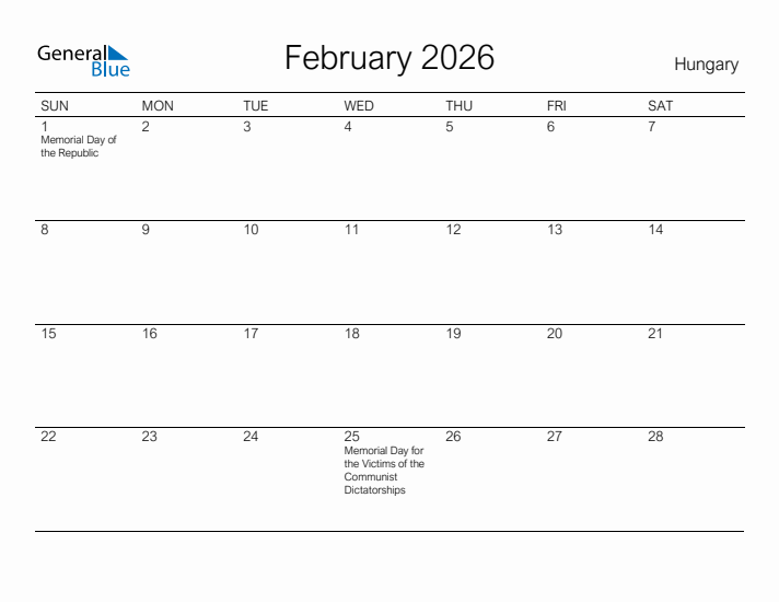 Printable February 2026 Calendar for Hungary