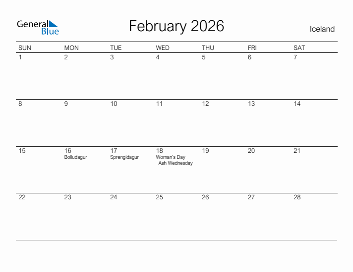Printable February 2026 Calendar for Iceland