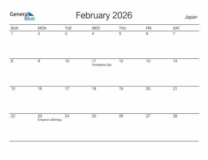 Printable February 2026 Calendar for Japan