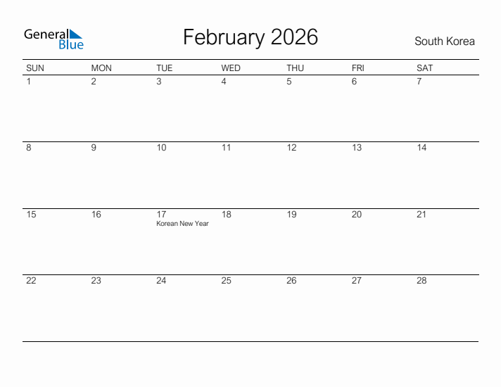Printable February 2026 Calendar for South Korea