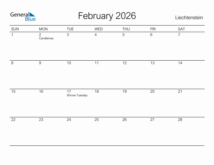 Printable February 2026 Calendar for Liechtenstein
