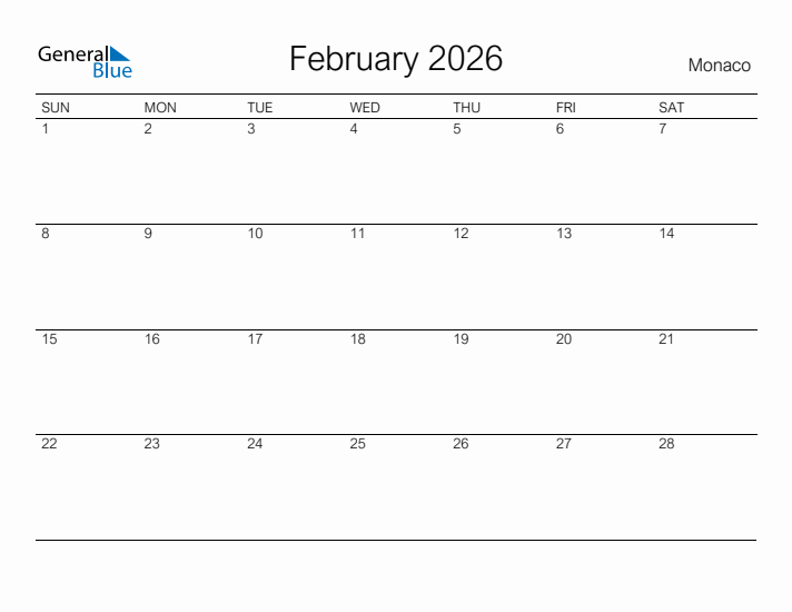 Printable February 2026 Calendar for Monaco
