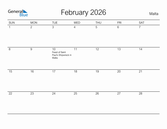 Printable February 2026 Calendar for Malta