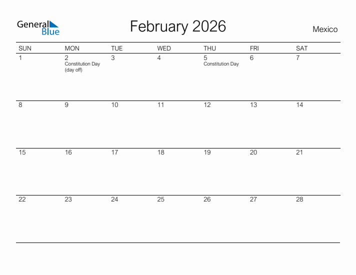 Printable February 2026 Calendar for Mexico