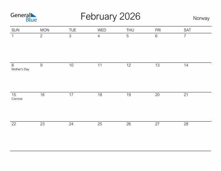 Printable February 2026 Calendar for Norway