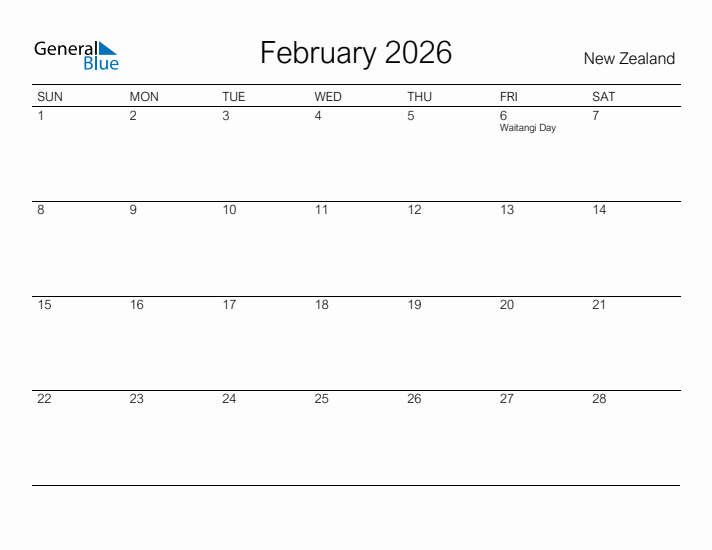 Printable February 2026 Calendar for New Zealand