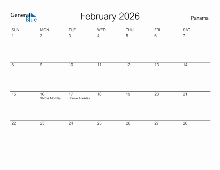 Printable February 2026 Calendar for Panama
