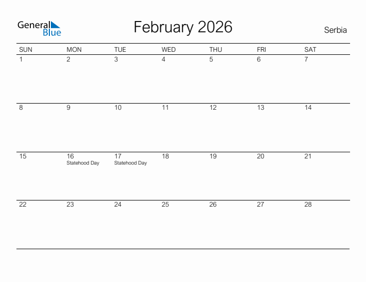 Printable February 2026 Calendar for Serbia