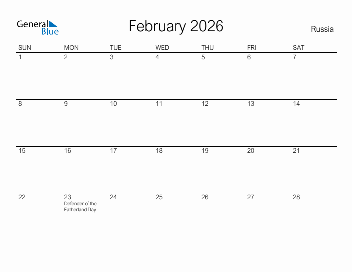 Printable February 2026 Calendar for Russia