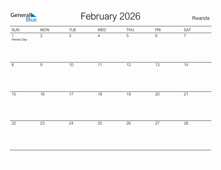 Printable February 2026 Calendar for Rwanda