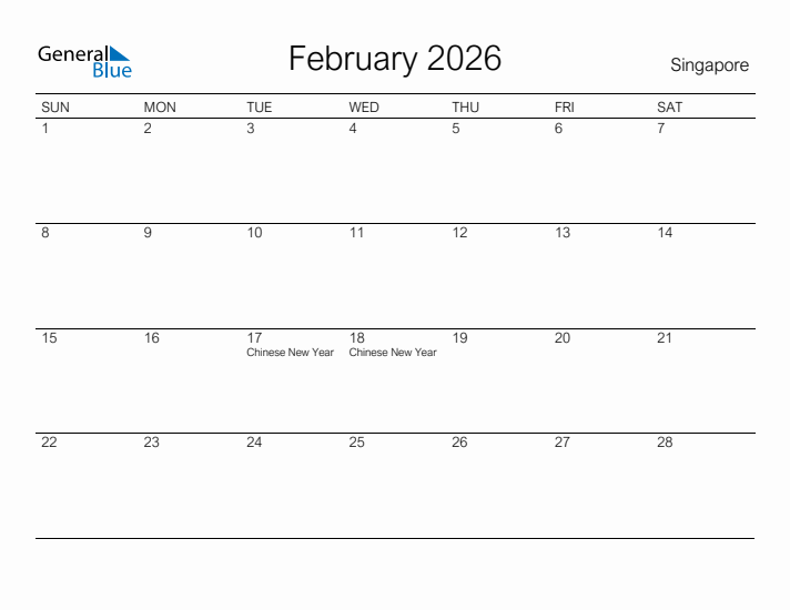 Printable February 2026 Calendar for Singapore