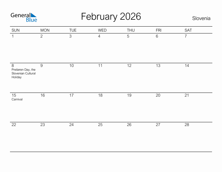Printable February 2026 Calendar for Slovenia