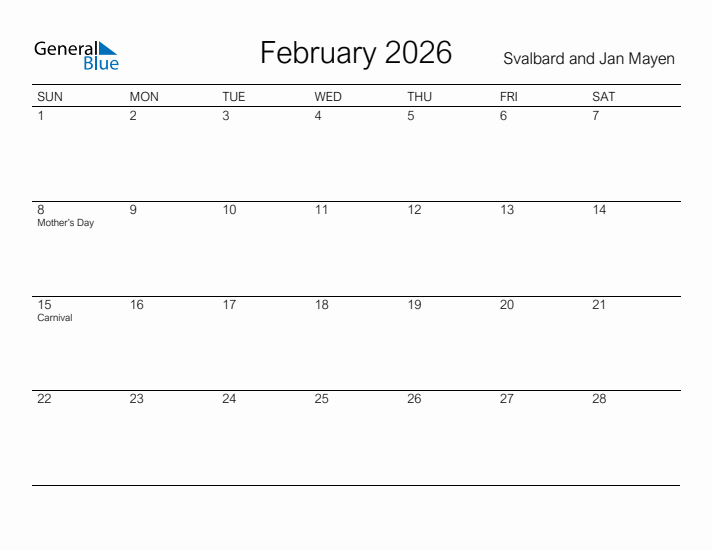 Printable February 2026 Calendar for Svalbard and Jan Mayen