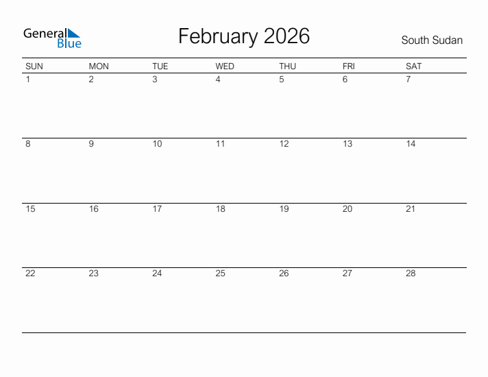 Printable February 2026 Calendar for South Sudan