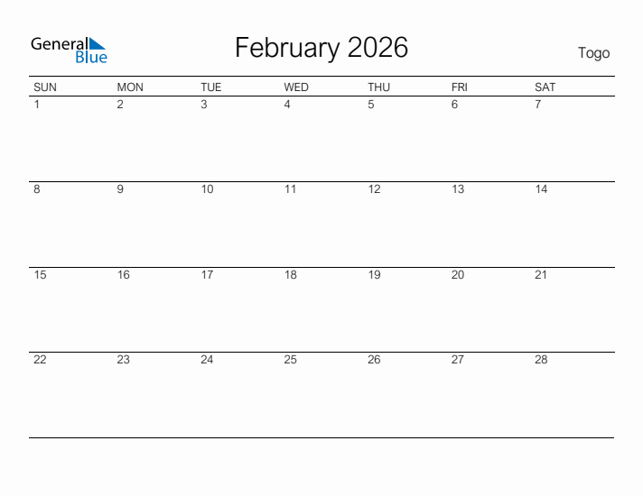 Printable February 2026 Calendar for Togo