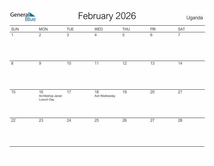 Printable February 2026 Calendar for Uganda