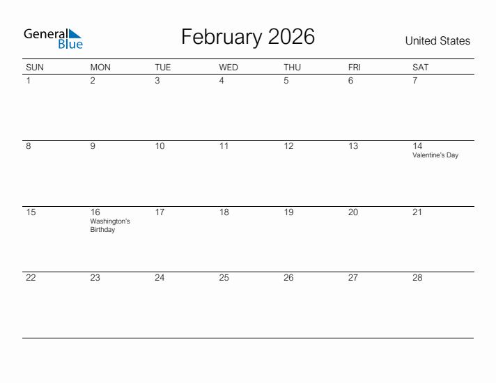 Printable February 2026 Calendar for United States