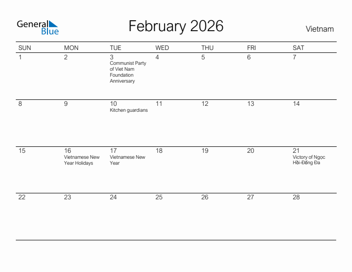 Printable February 2026 Calendar for Vietnam